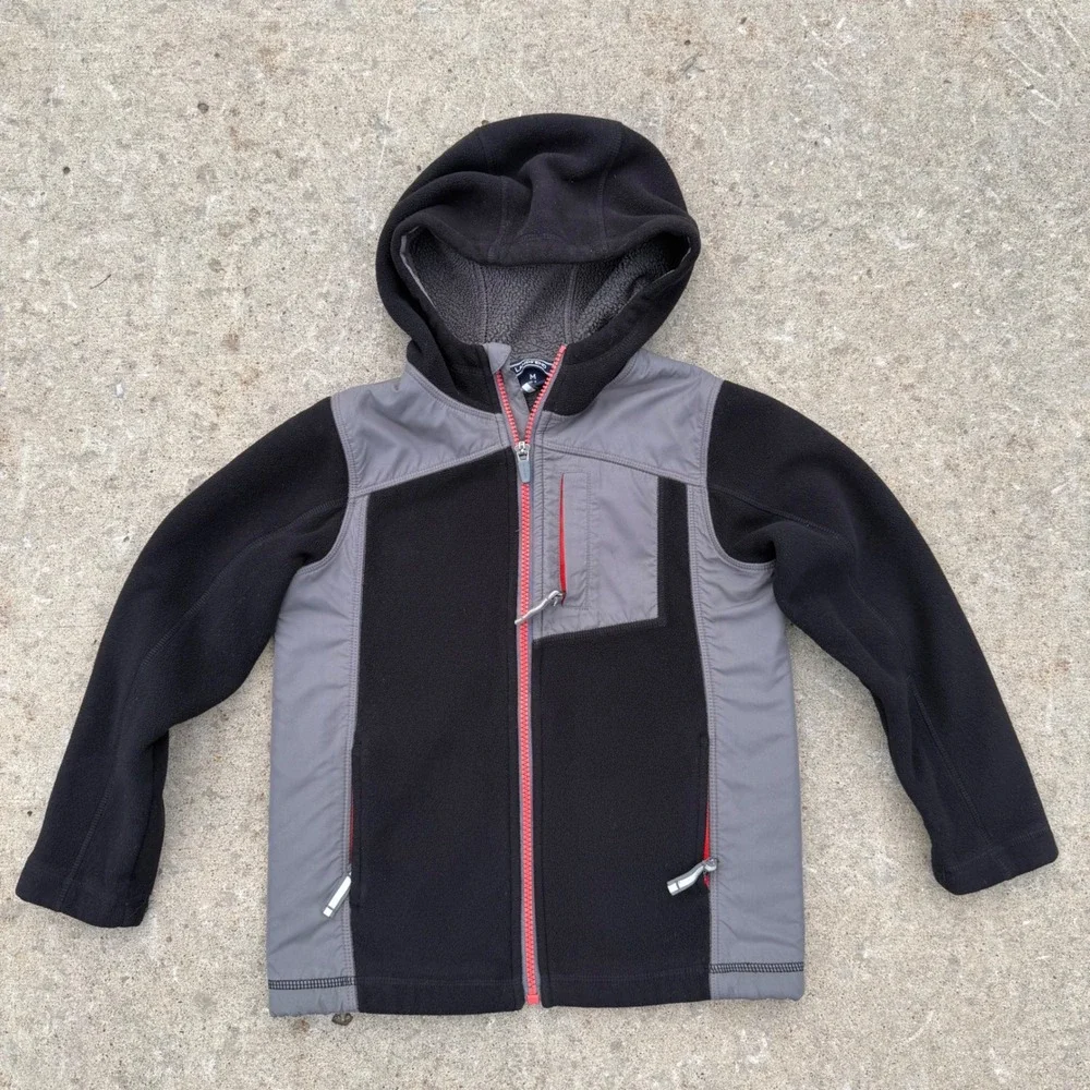 Lands End Kids M 5-6 Fleece Hoodie Jacket Black Grey Full Zip Sherpa Lined